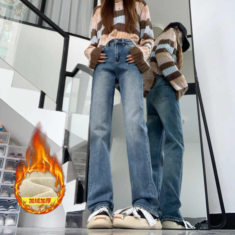 裤子女2025新款爆款秋冬美式复古高腰窄版直筒加绒加厚蓝色牛仔裤