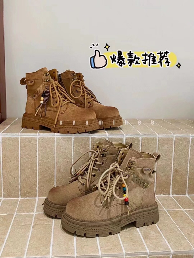 2025新款厚底女棕色拼接松糕英伦风串珠系带骑士短靴56832-2