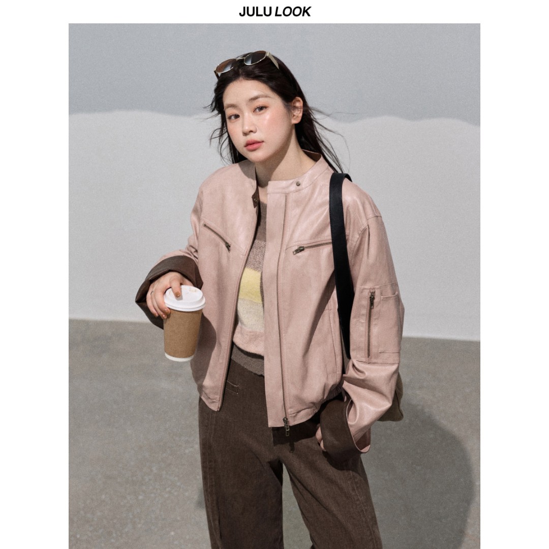 巨鹿工作室“解码个性”微胖mm甜酷风率性撞色皮衣夹克大码短外套