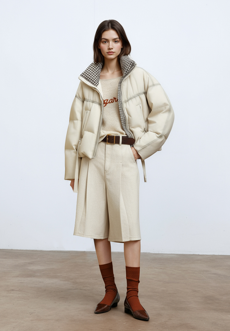 《航睿服饰》皮面短款羽绒服女 格纹立领设计冬小众外套8686