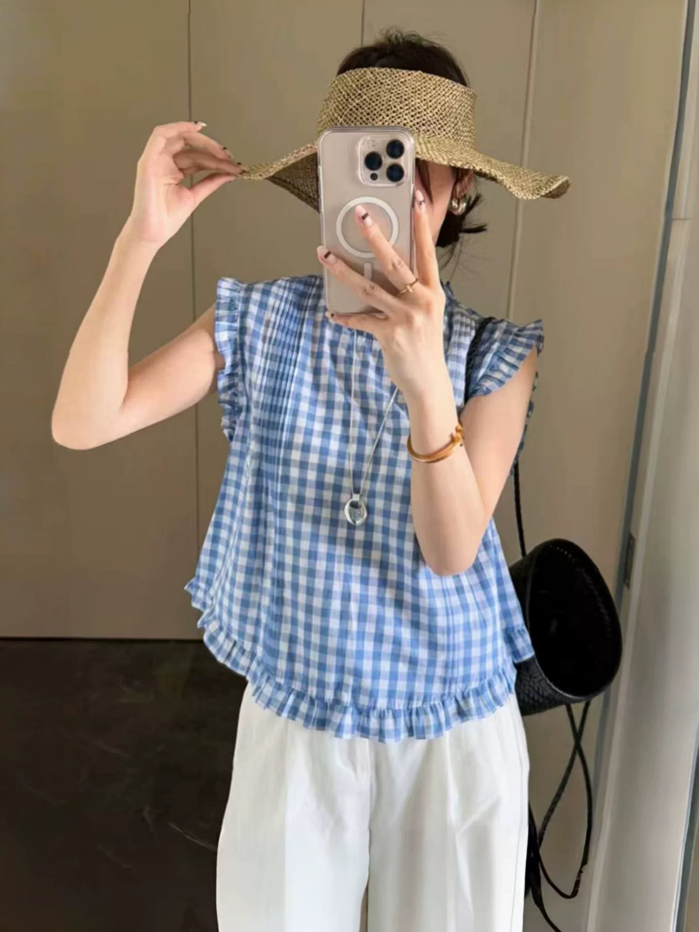 法式甜美木耳边格子无袖衬衫女夏季新款时尚百搭显瘦减龄小衫上衣