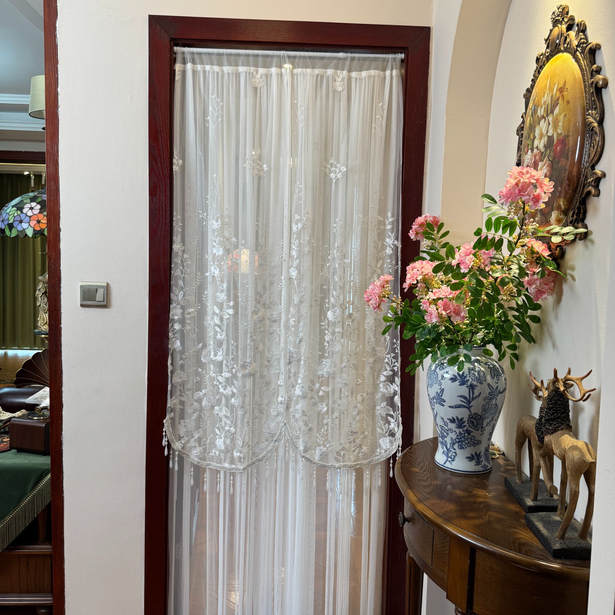 月影高定刺绣吊珠双层长门帘家用免打孔卧室氛围感隔断纱帘