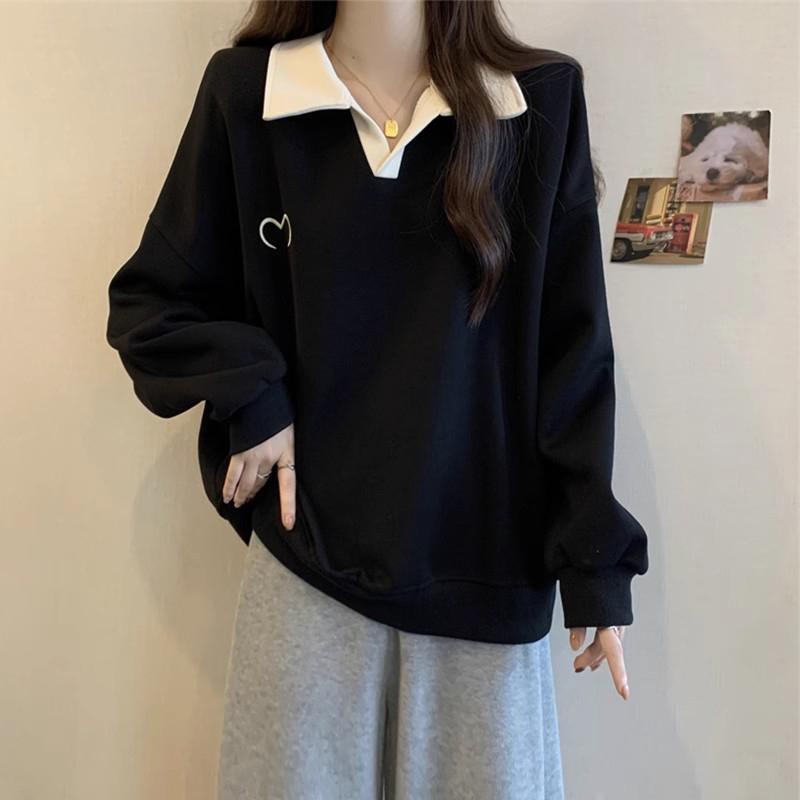 POLO领长袖卫衣女秋季新款胖mm宽松显瘦大码慵懒风设计感外套上衣