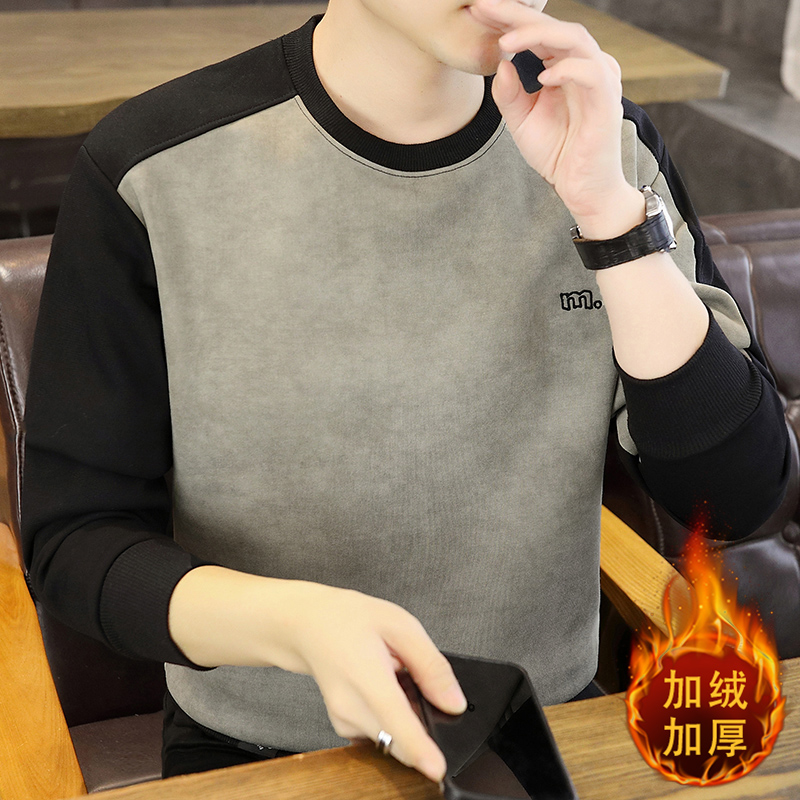 2025冬季新款情侣款加绒加厚男士圆领套头休闲卫衣