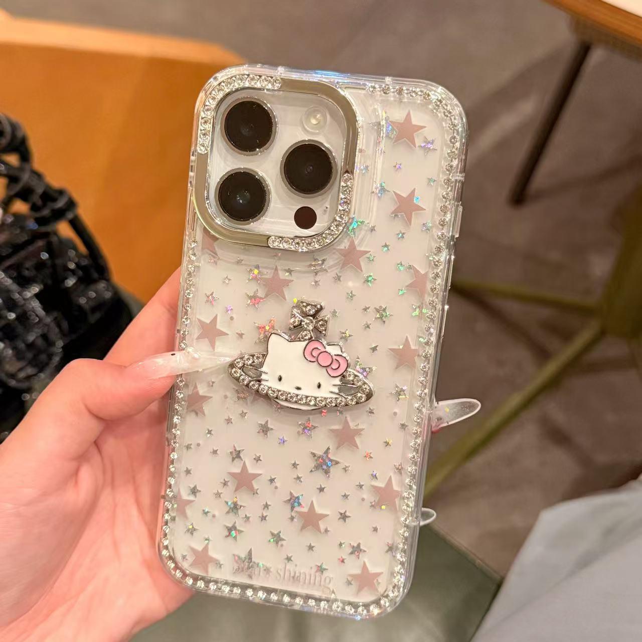 镭射闪钻星星KT猫适用苹果16e/15promax手机壳iPhone12抖音34Plus