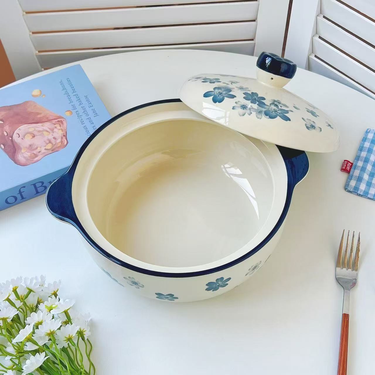 带盖易清洗防烫小清新彩绘碗大碗大汤碗植物花卉宿舍