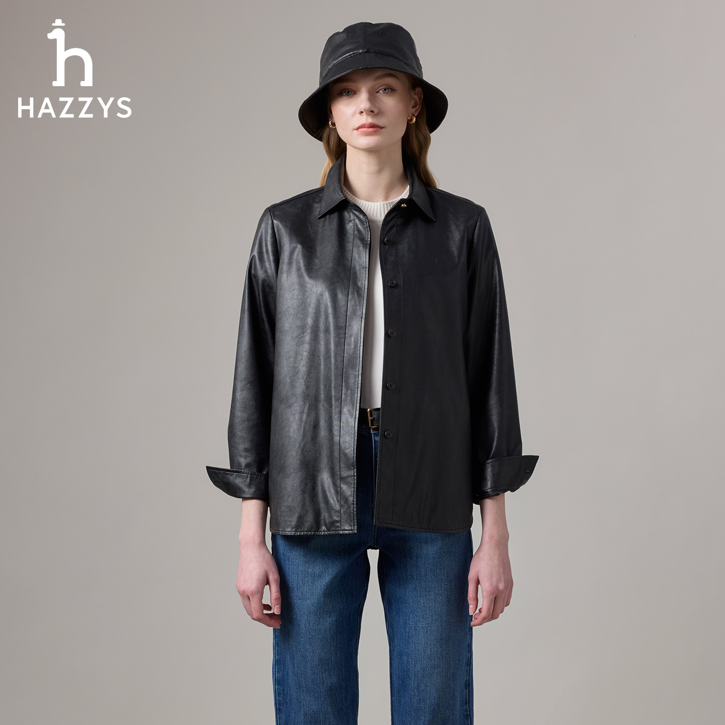 【商场同款】HAZZYS秋季女士轻奢休闲皮衣时尚宽松百搭翻领外套女