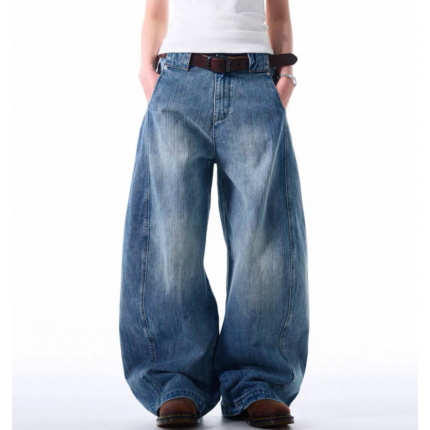 D16#某宝1张！美式复古竹节纹弯刀牛仔裤水洗做旧宽松休闲baggy裤