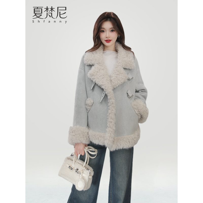 夏梵尼织织暖绒2025年冬季新款时髦扣袢加厚皮毛一体外套