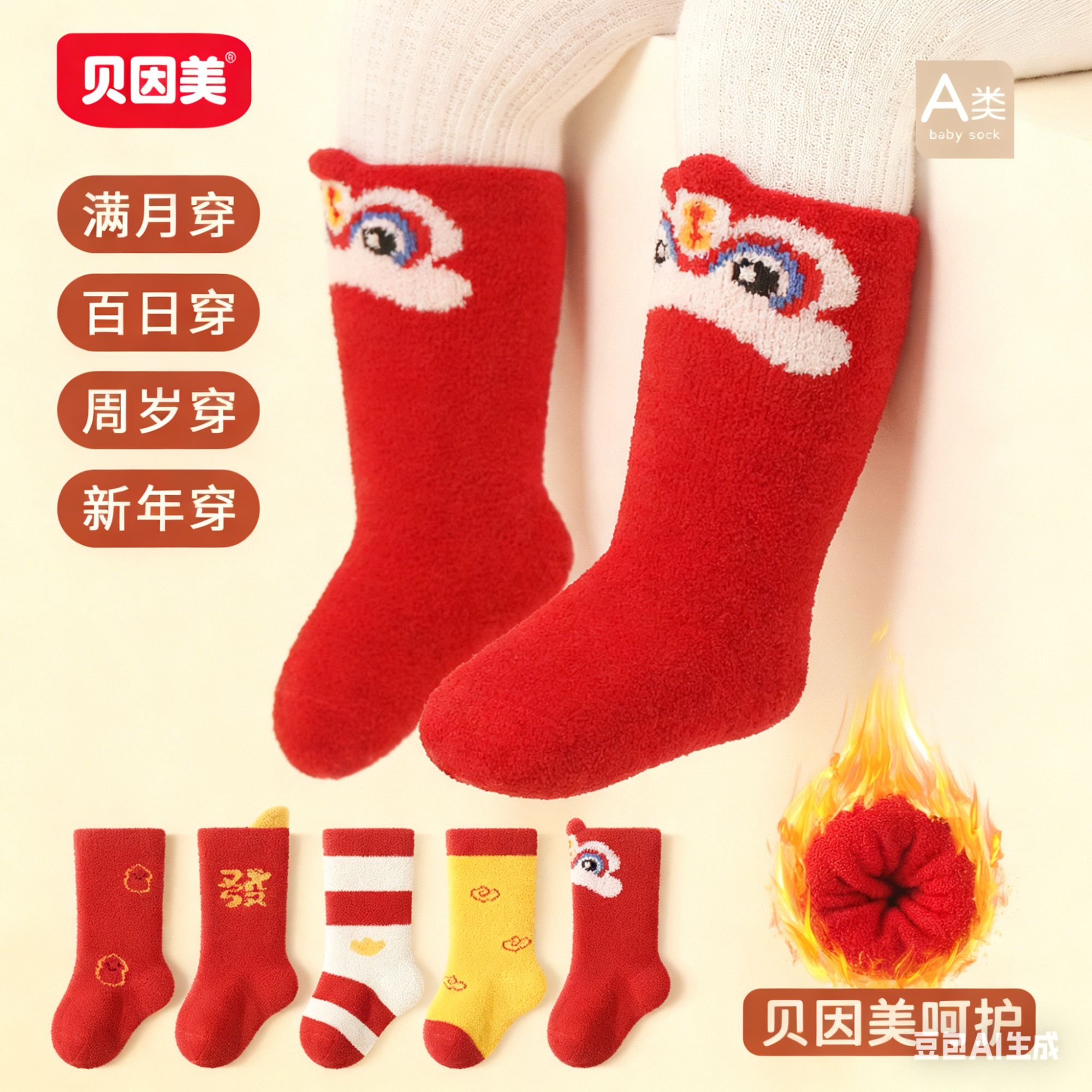 BEINGMATE/贝因美澳绒宝宝保暖中国风红袜子婴儿绒袜加绒中筒袜子