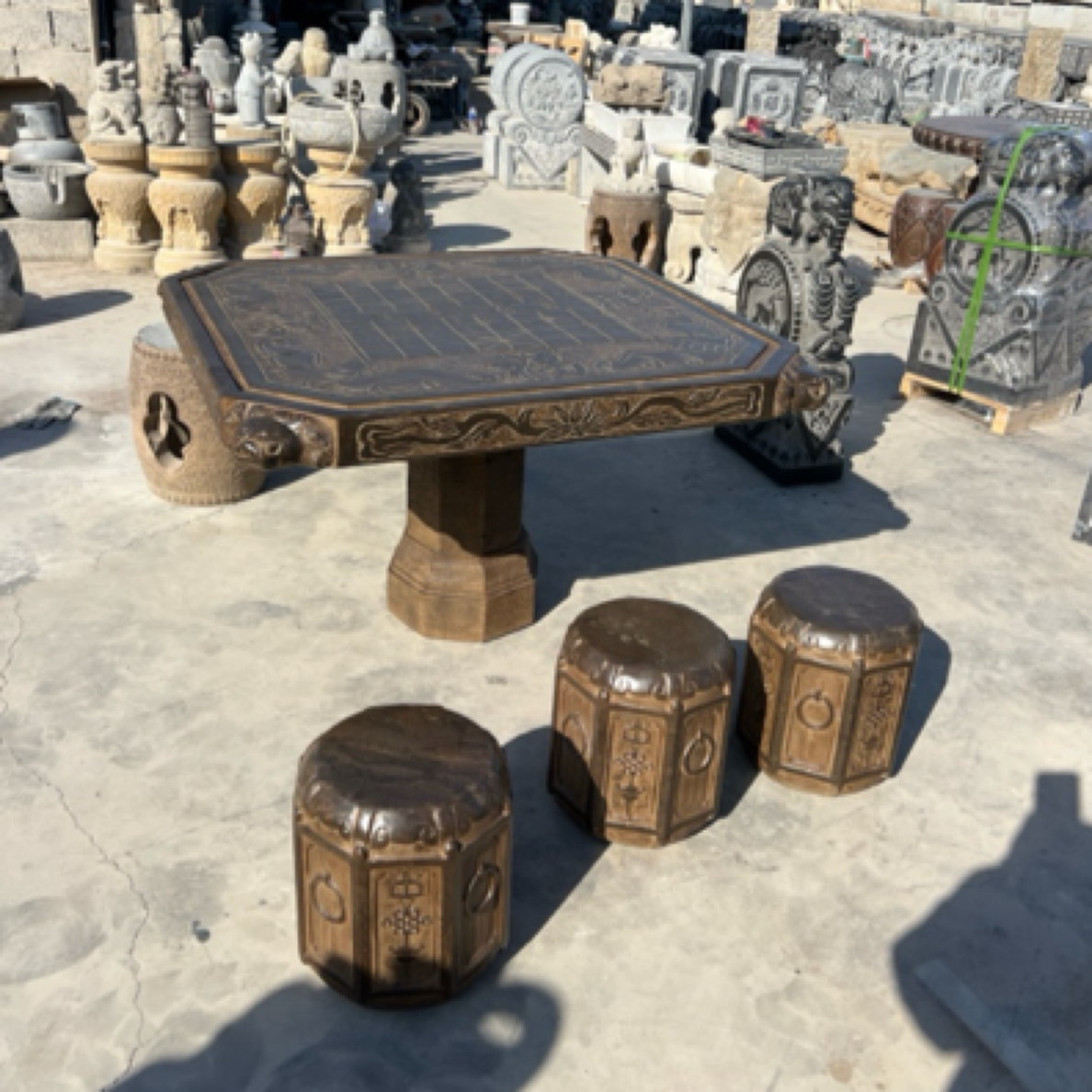 青石圆形棋桌茶桌中式庭院复古雕刻石桌石凳庭院石桌石凳
