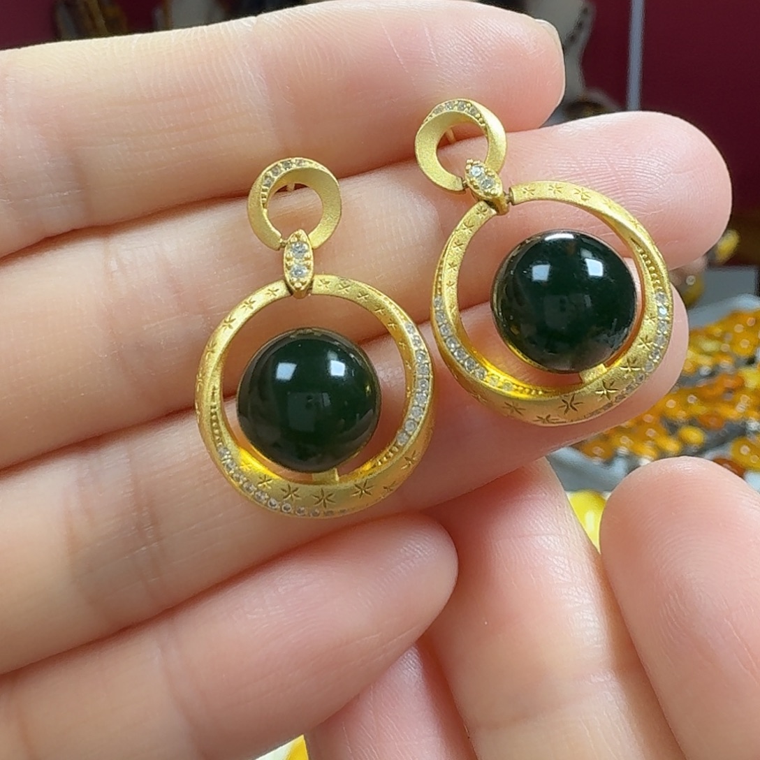 琥珀银S925镶嵌耳饰耳坠