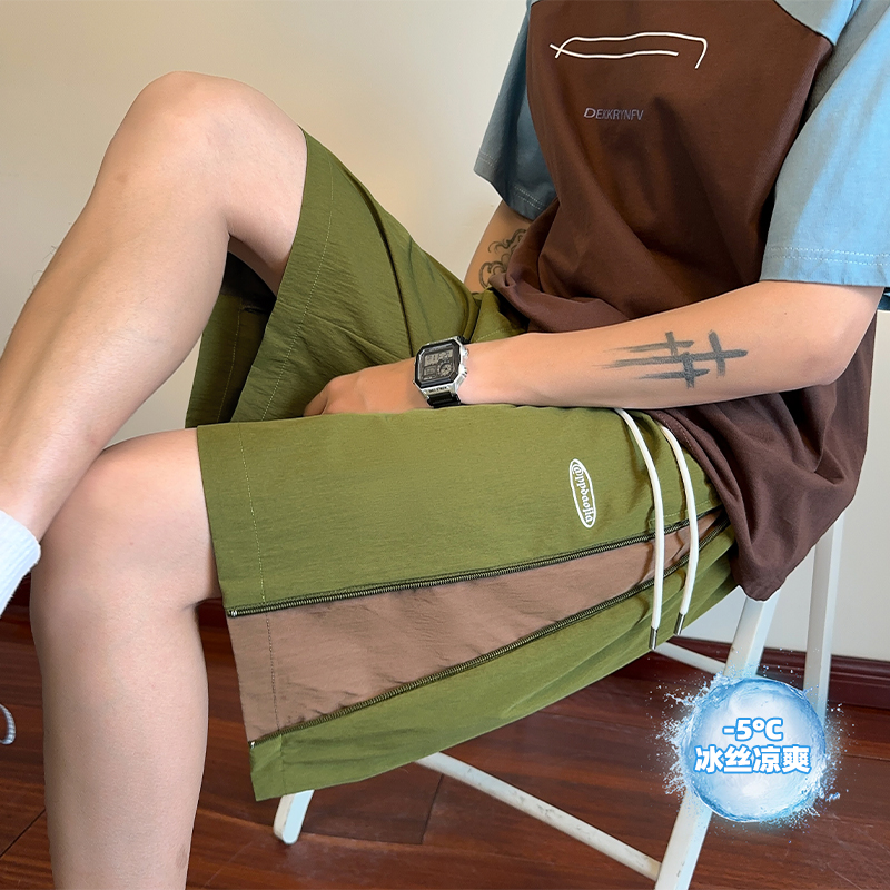 【厂家直销】薄款夏季新款高街百搭拼接拉链撞色冰丝顺滑宽松短裤