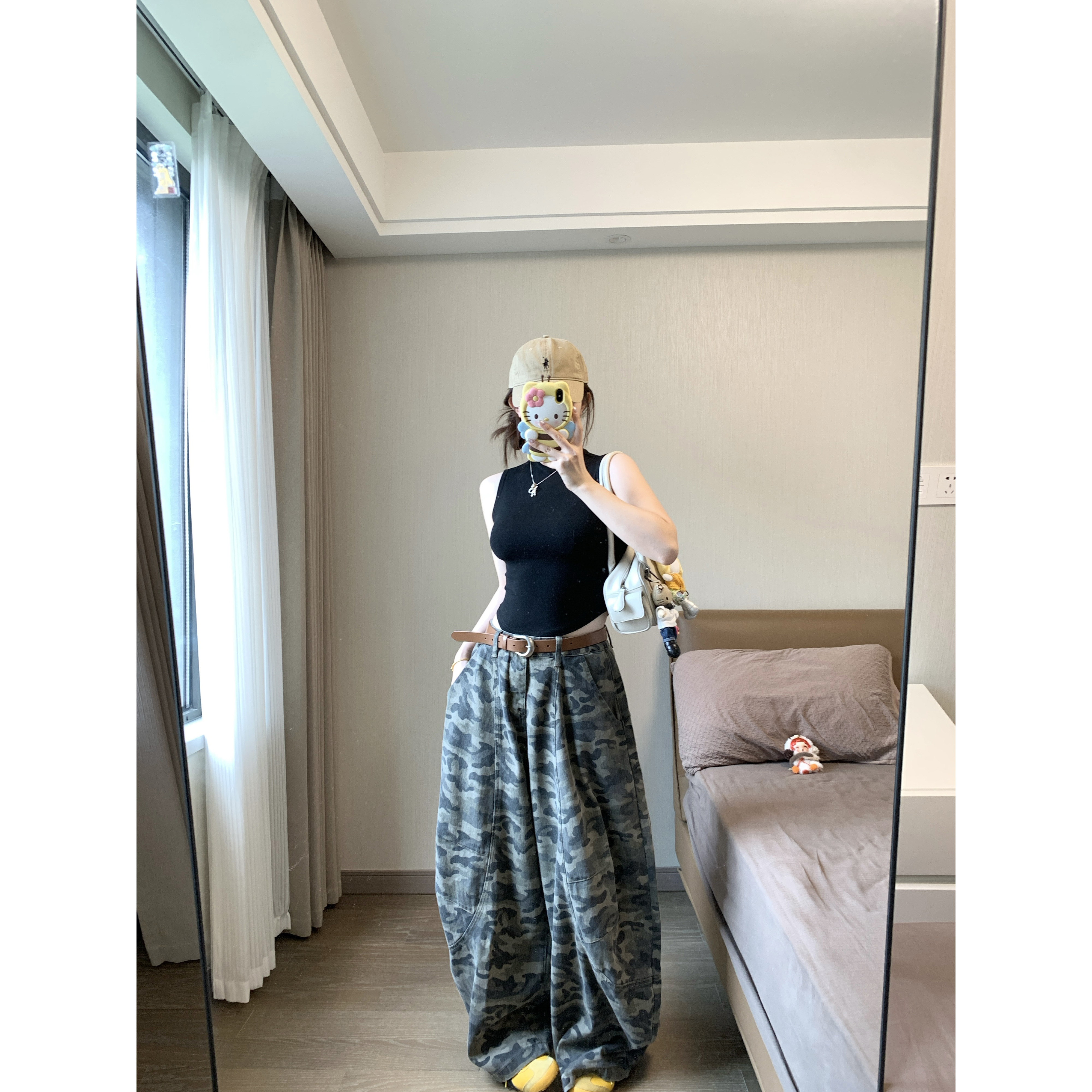 小沈美眉微胖梨形显瘦迷彩弯刀牛仔裤早秋高腰阔腿休闲长裤子女