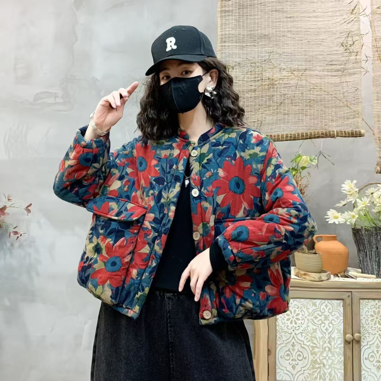 冬季新款加绒复古民族印花立领宽松加厚短款棉服保暖棉衣外套棉袄