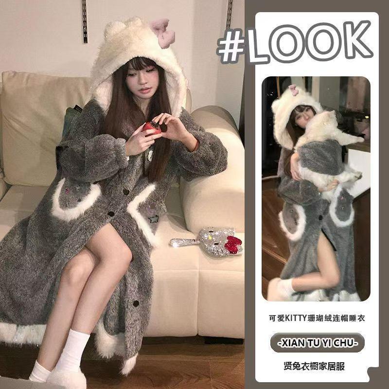 灰色猫咪睡衣女秋冬季珊瑚绒加绒加厚浴袍冬天睡袍长款可外出穿