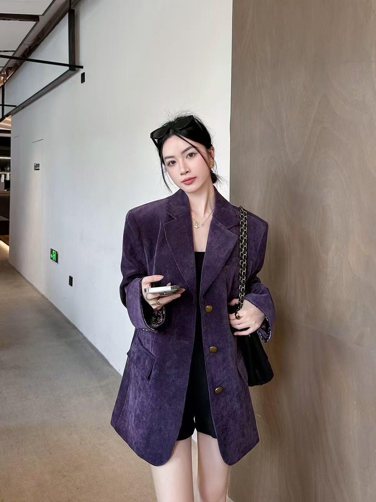 复古紫色灯芯绒外套女2025秋季新款高级感小众西装