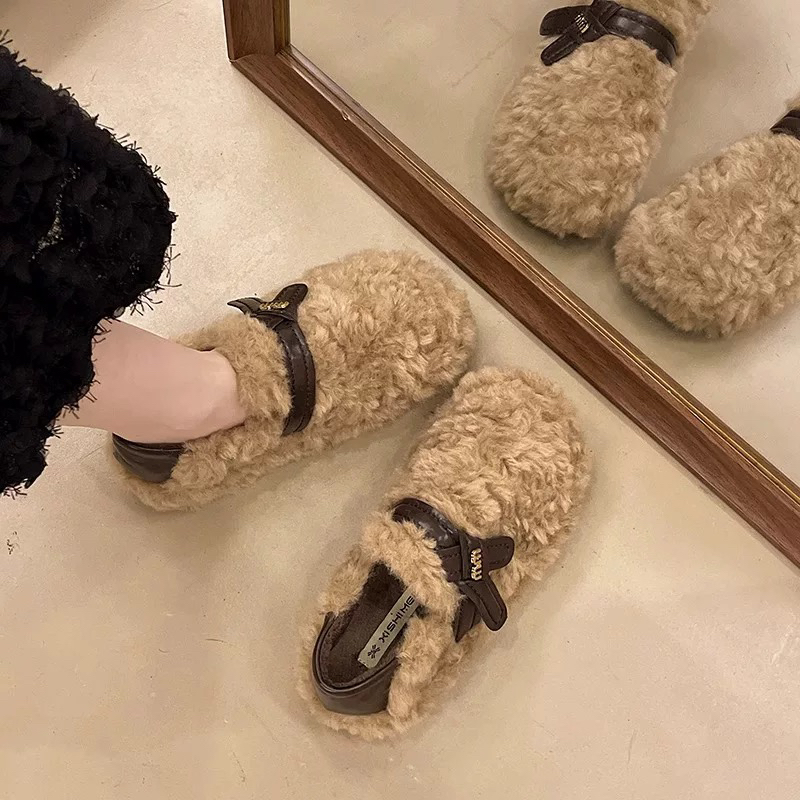 秋冬配裙子保暖加绒蝴蝶结厚底羊羔毛玛丽珍毛毛鞋单鞋棉鞋女冬季