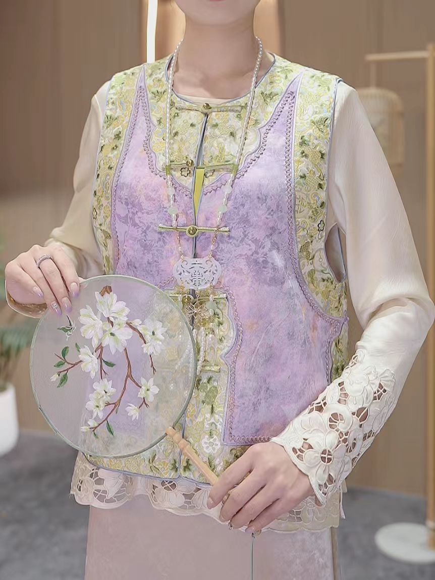 晕染彩色双色刺绣新中式马甲百搭女休闲2025A8945-婷婷