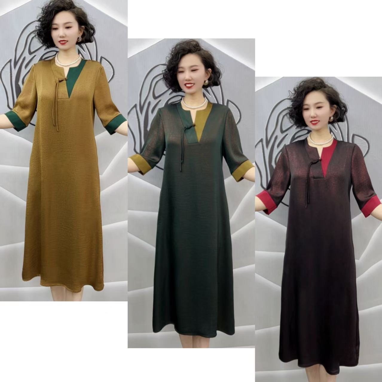 161 时尚撞色花式V领暗纹连衣裙