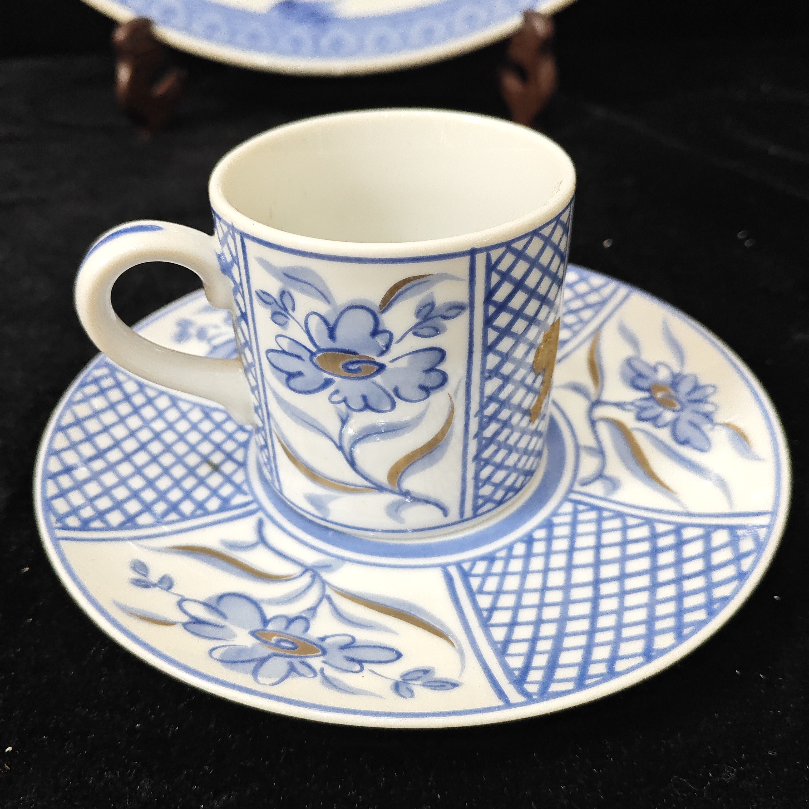 青花描金咖啡杯碟套装，青花满绘经典花色