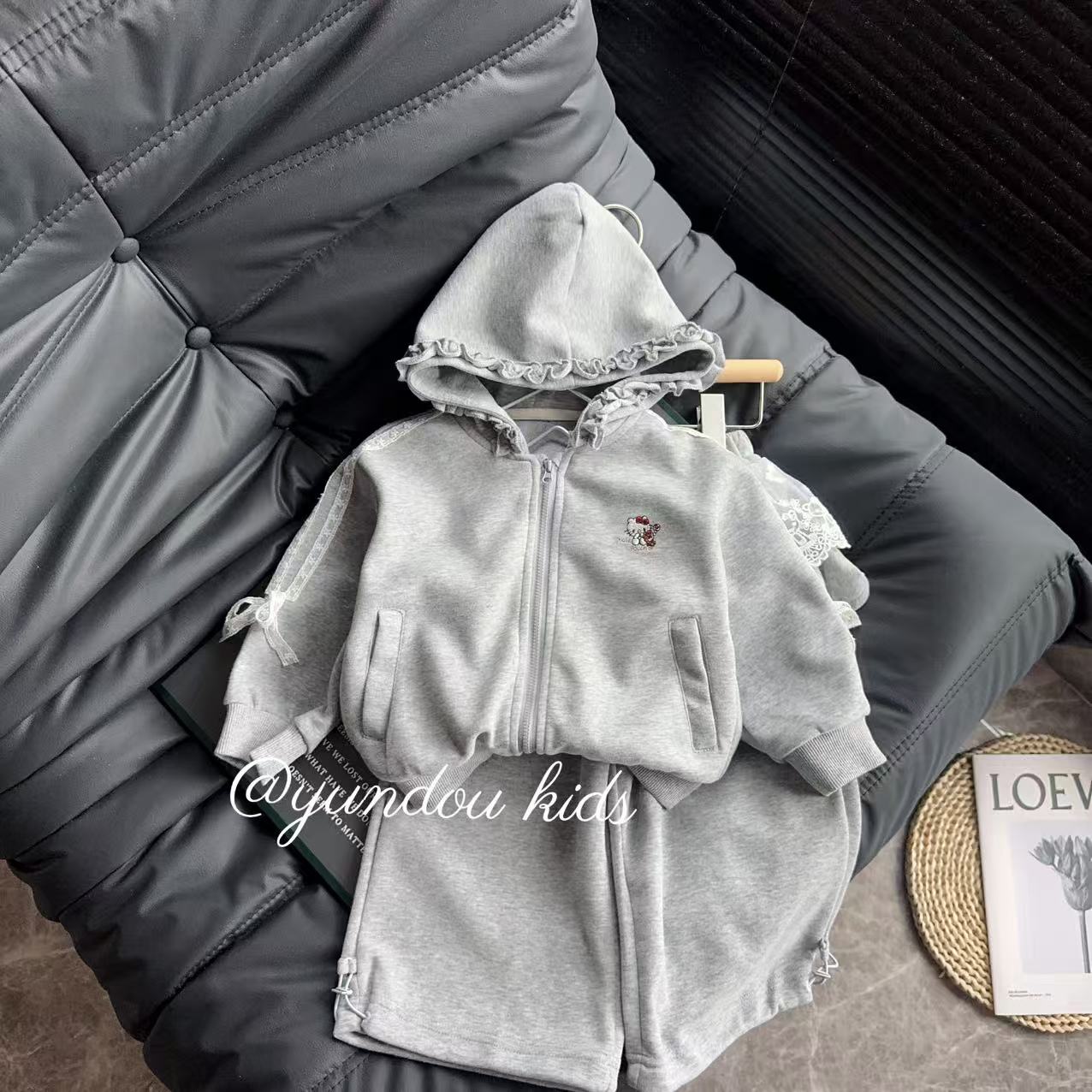 秋冬女宝休闲卫衣蝴蝶结套装拉链秋季连帽洋气运动百搭灰色