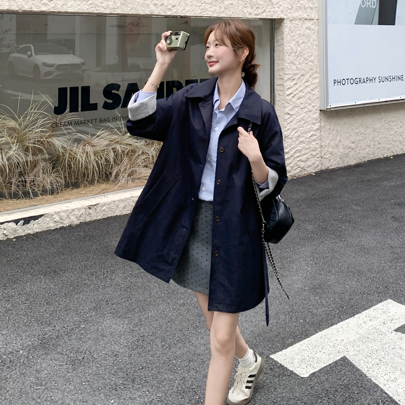 KALUOLAI/卡洛莱纯色休闲风女中长款翻领风衣百搭英伦风气质时尚