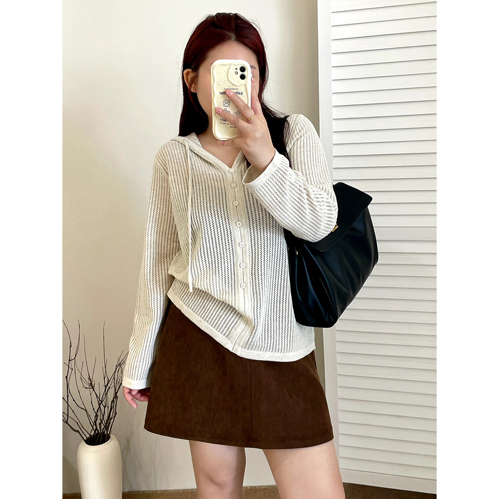 【涵胖胖】清*领连帽衫女镂空上衣2025秋款胖mm百搭休闲针织衫23176