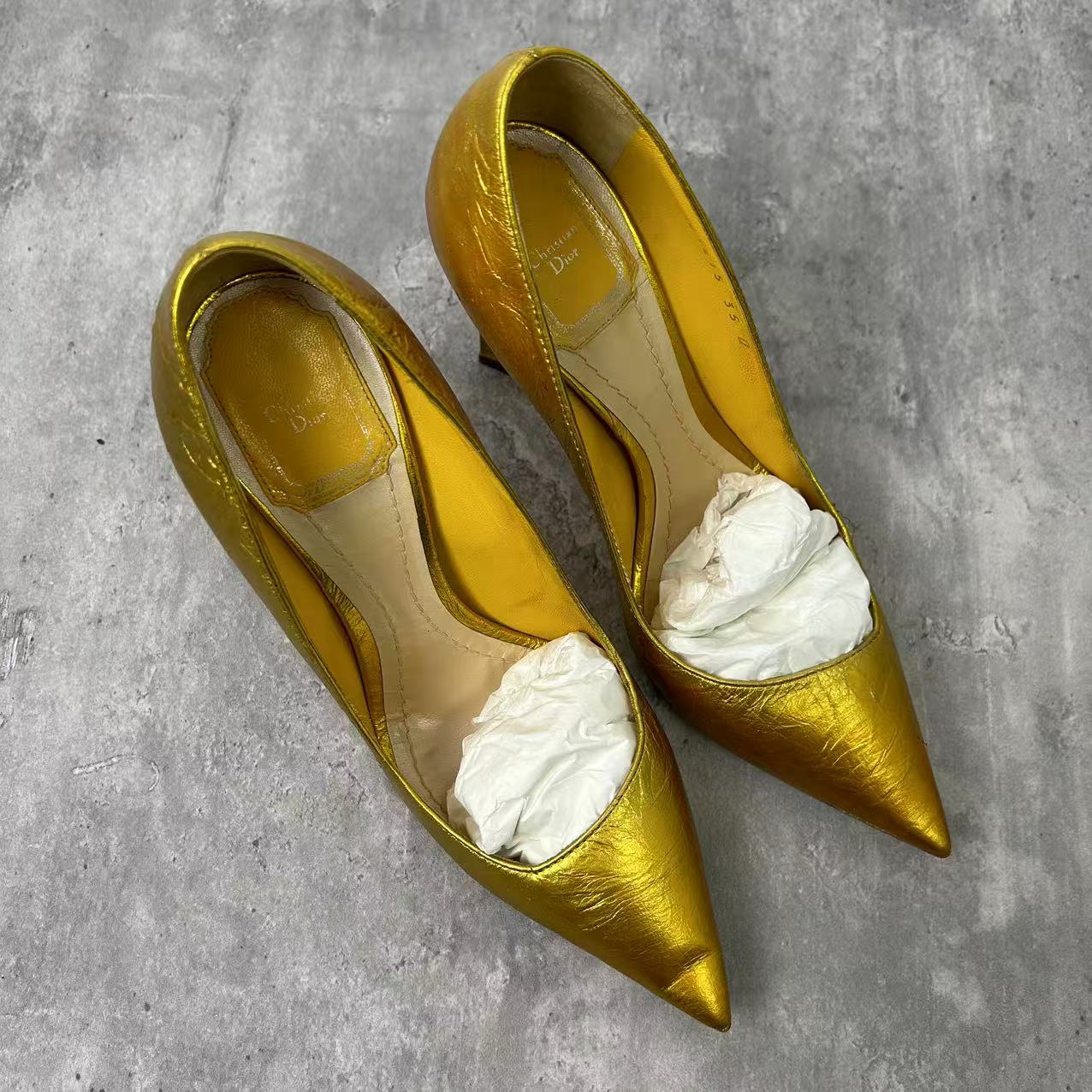 95新 DIOR/迪奥 35码/仔仔女鞋/金色高跟鞋 057  