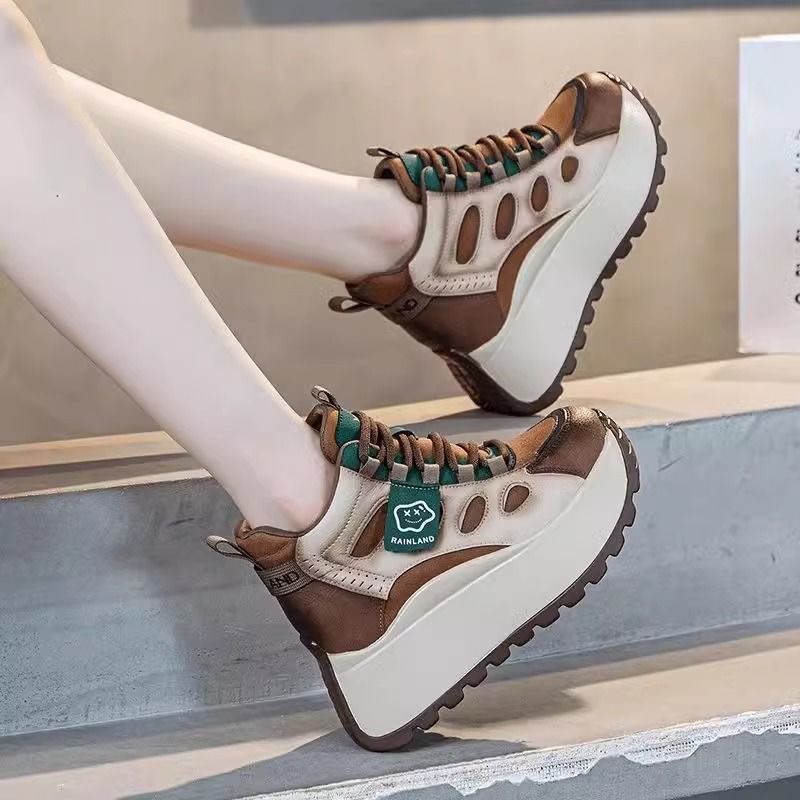 复古真皮内增高老爹鞋女2025秋冬新款厚底轻便运动加绒棉鞋高帮鞋