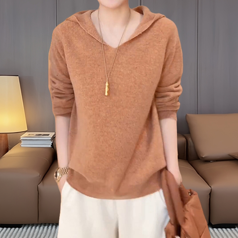 韩系简约软糯连帽毛针织衫大码宽松胖妹妹慵懒风轻薄透气显瘦上衣