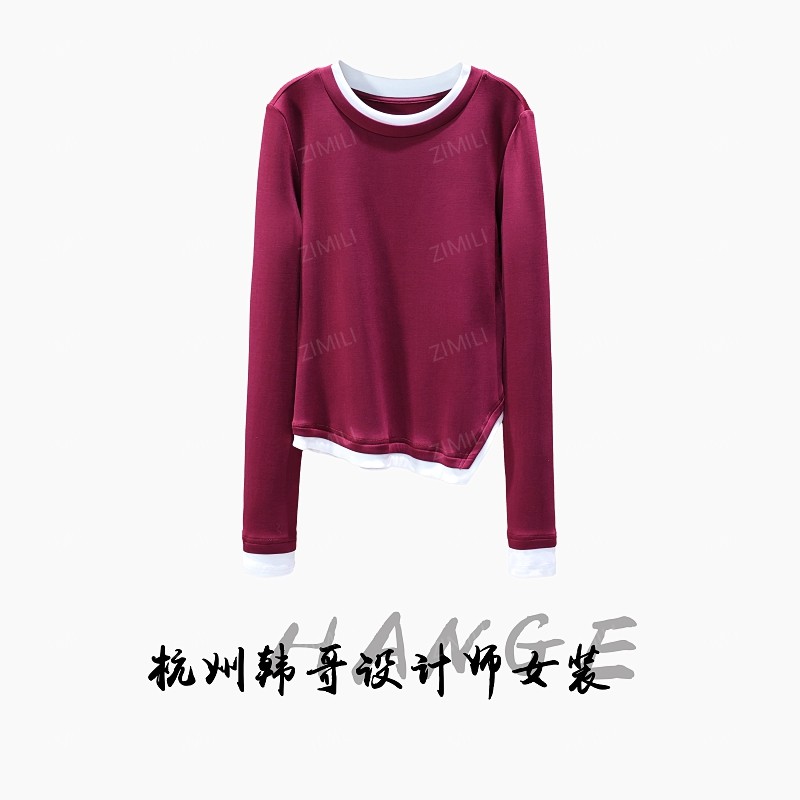 【韩哥女装】2025秋冬《朱颜》安可拉红撞色拼接高弹打底衫5020-A8