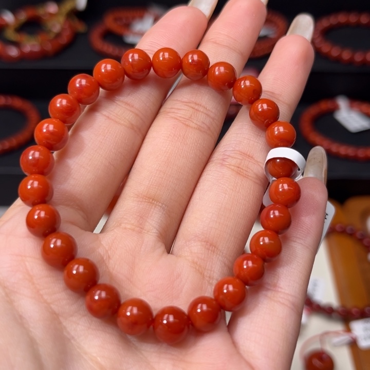 南红玛瑙未镶嵌手链满肉柿子红7mm圆珠手串