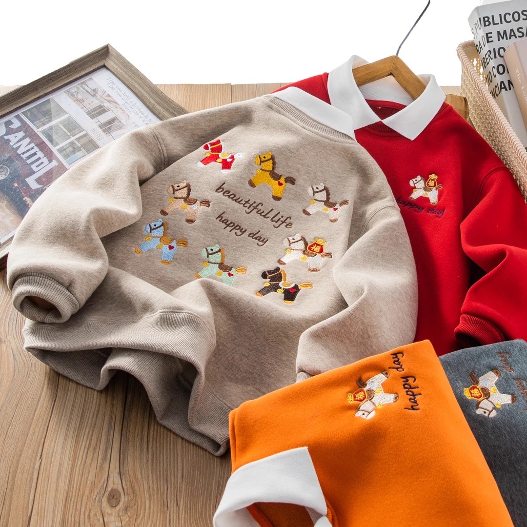 【年款】新年马年刺绣Polo翻领加绒卫衣男童拜年00528