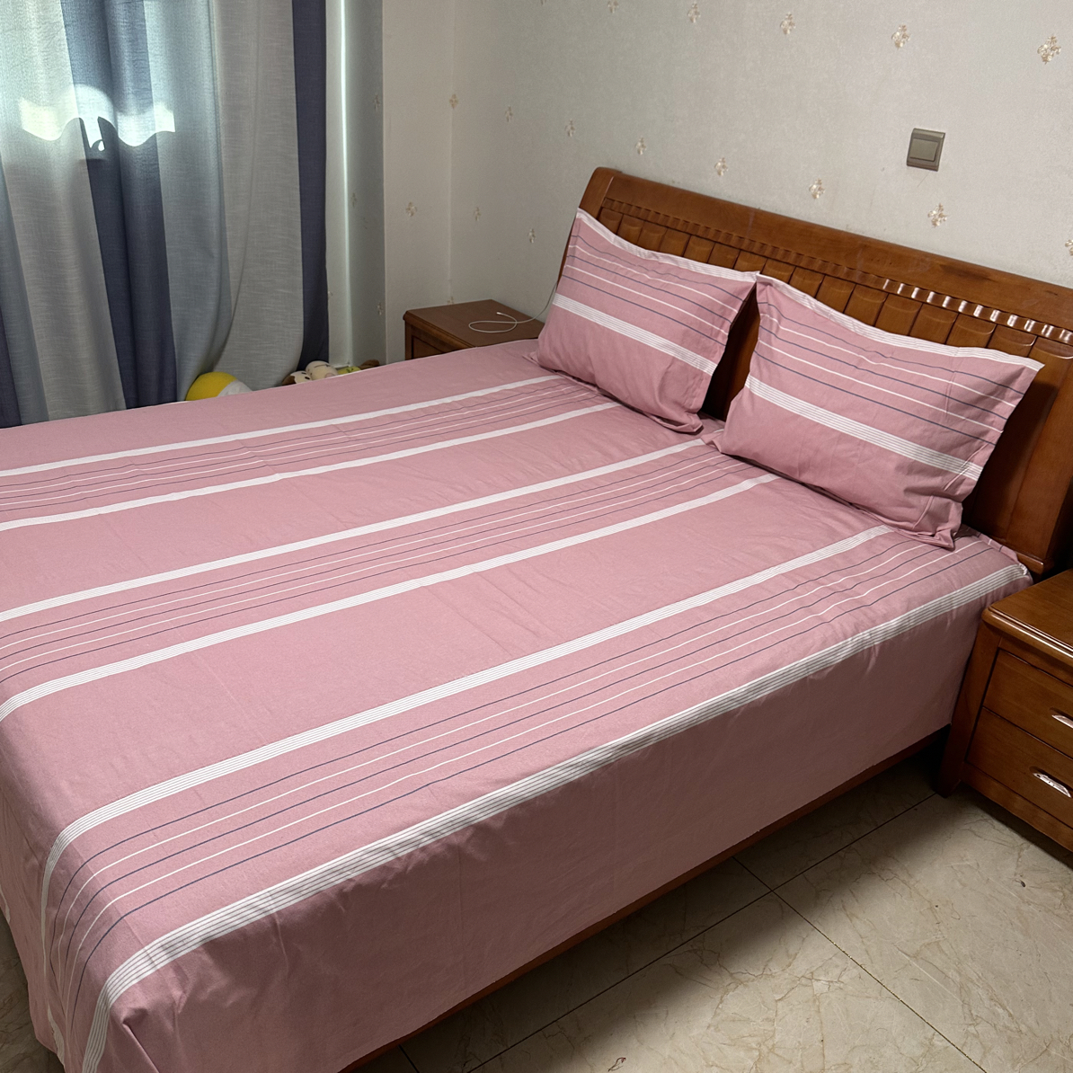手工老粗布床单豆沙粉色条纹