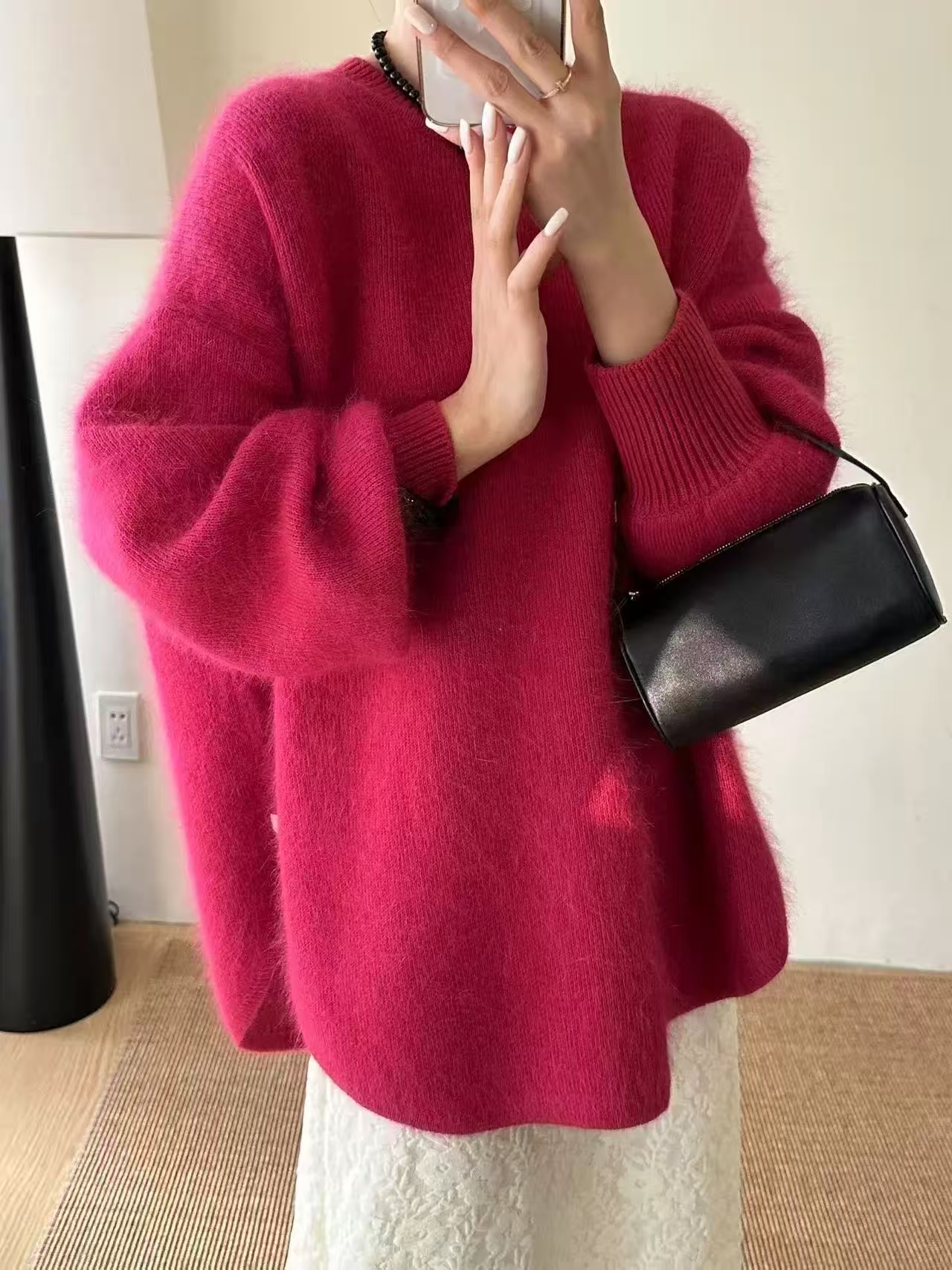 针织南瓜橘色兔毛羊毛拉绒毛衣针织衫加厚圆领套头下摆不规则设计