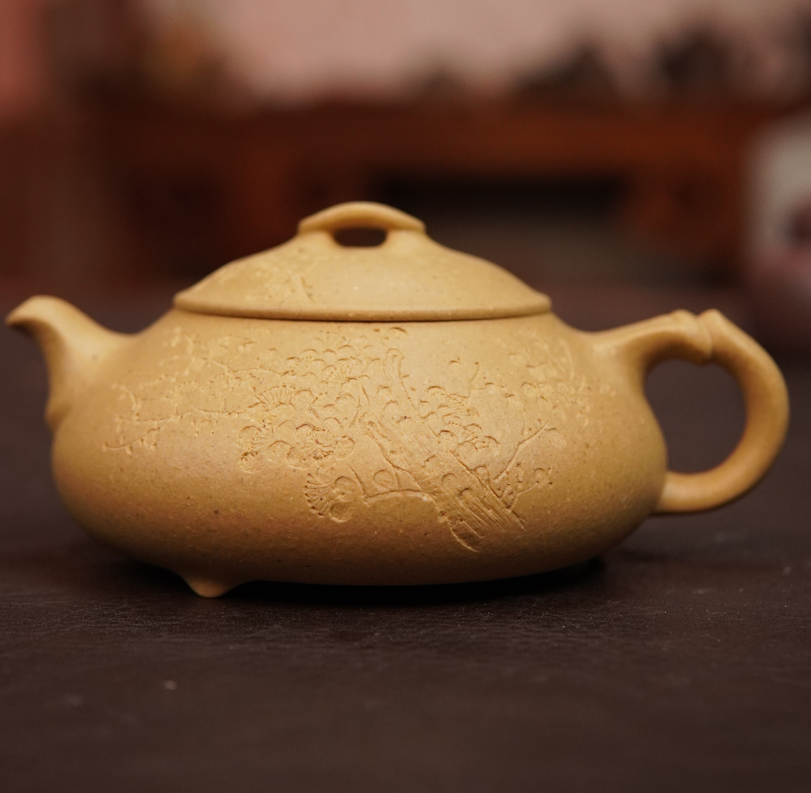 宜兴黄龙山蠡墅大水潭梨皮绿泥 简瓢 手工壶140cc紫砂壶兰竹刻绘