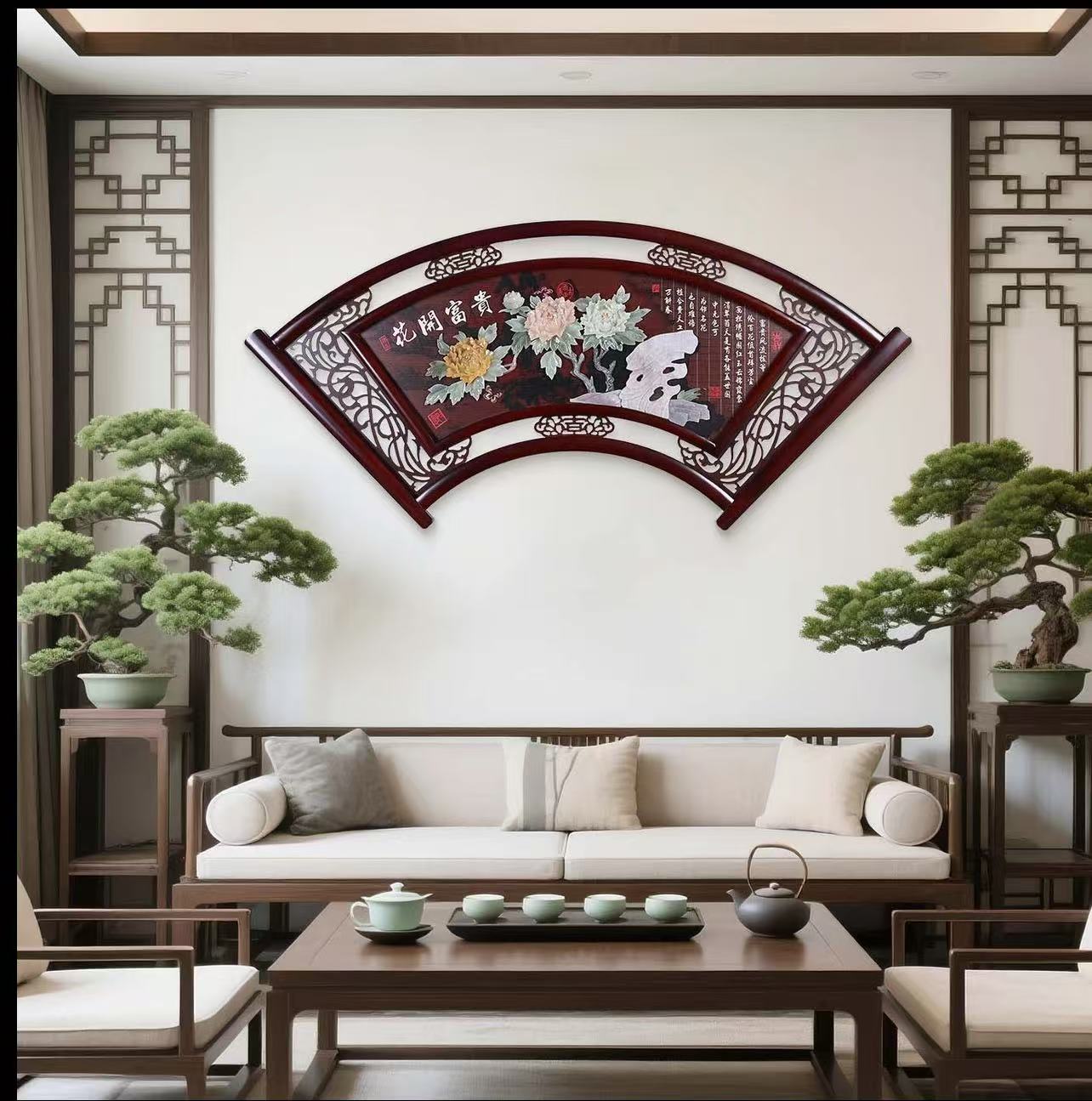 花开富贵大扇形71X152玉雕天然玉石中式挂画（1227）