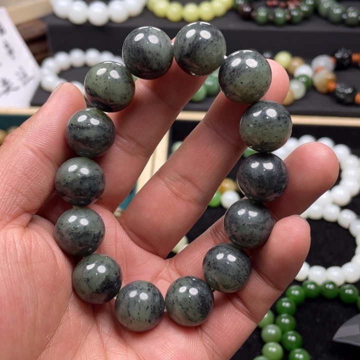 和田玉手串未镶嵌新疆青花卡16圆珠