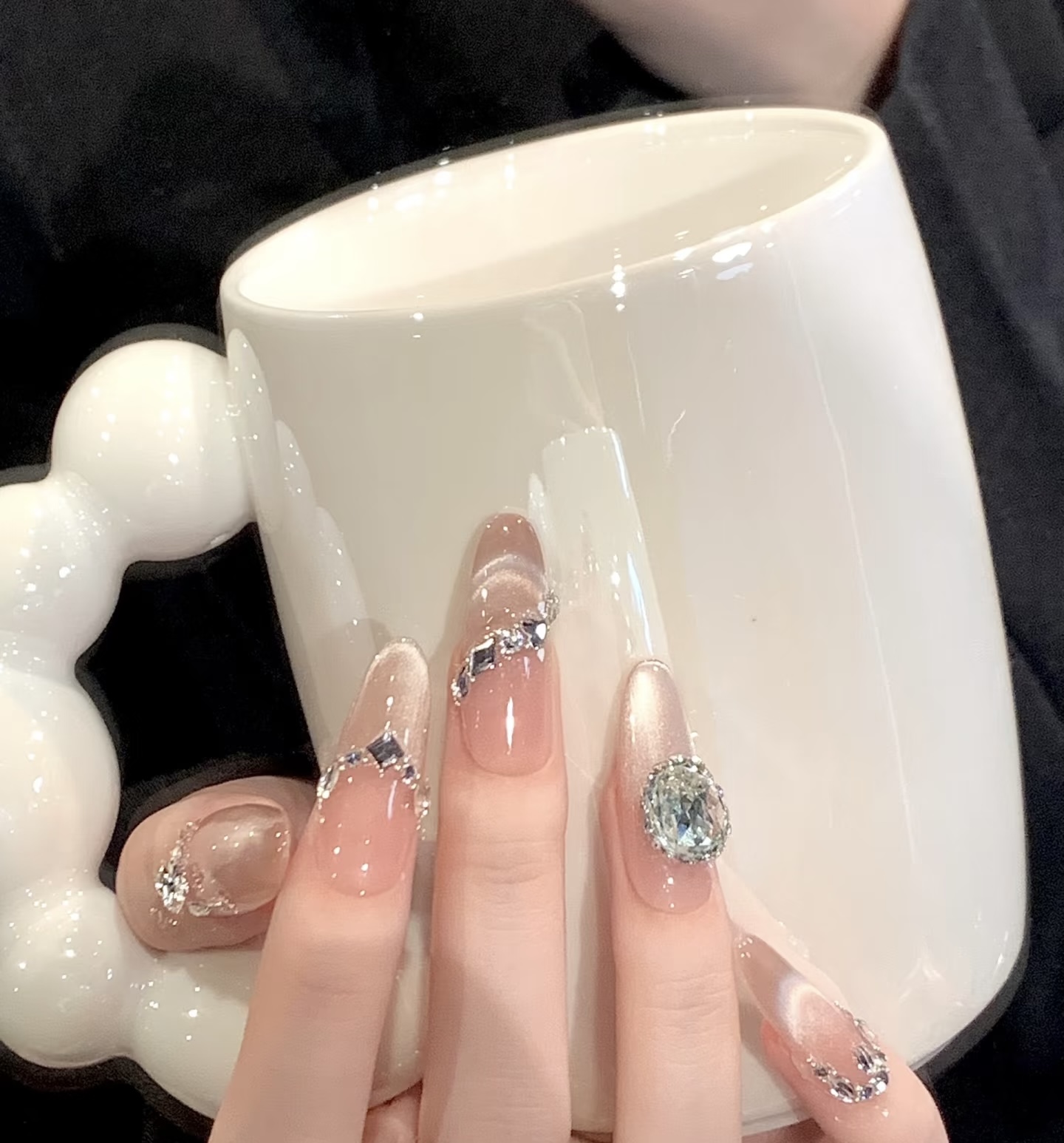 手工穿戴甲秋季中长款猫眼裸色显白气质指甲冰透梯形