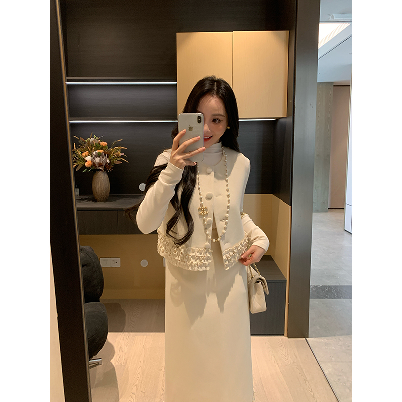 XINYI【雾都恋人】冬季花边毛呢背心+高腰半裙显瘦套装X625A21063