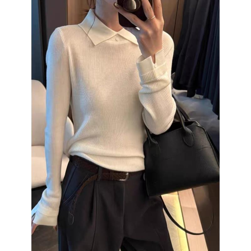 8277#秋冬新款翻领长袖针织衫气质法式高级感时尚内搭修身上衣