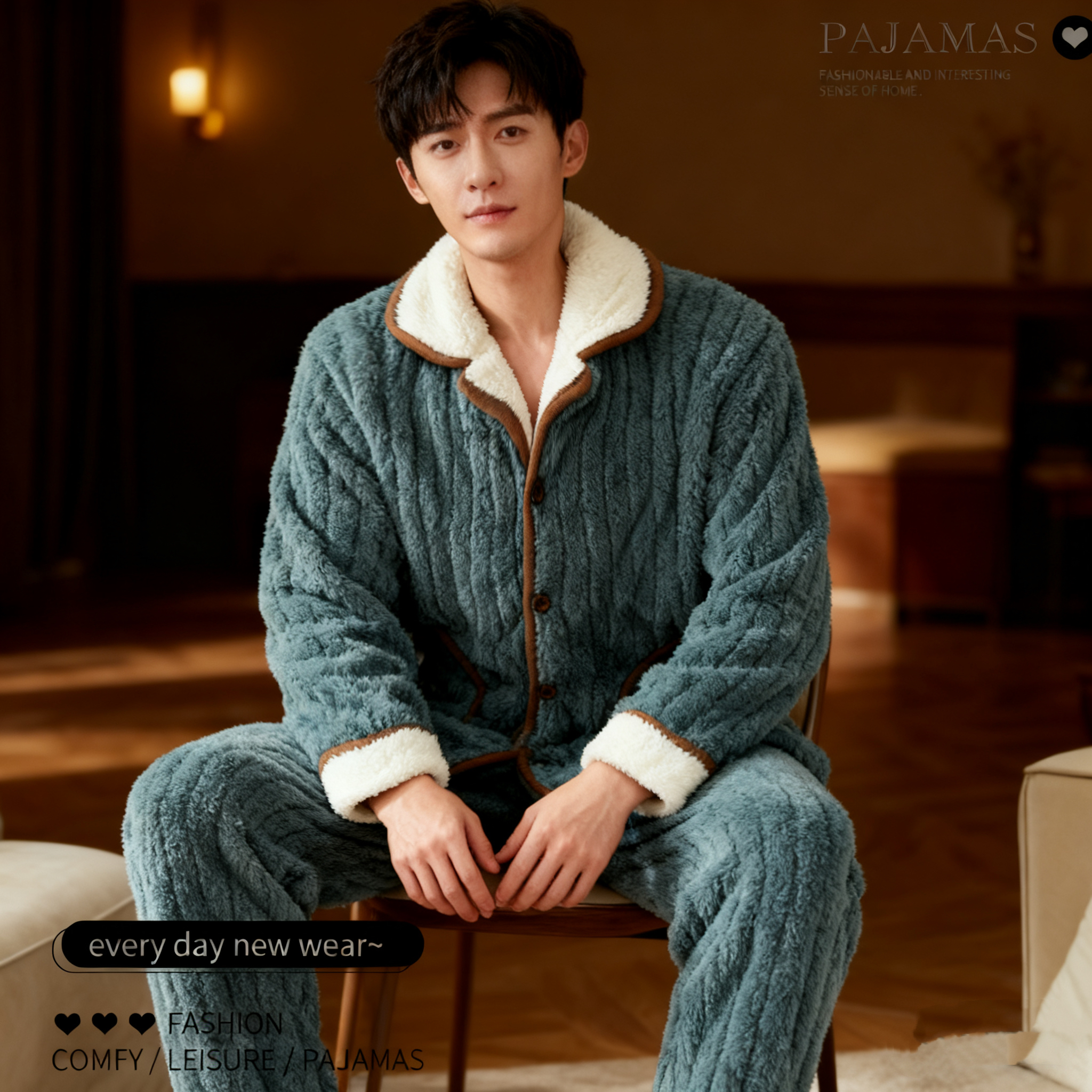 睡衣男冬季新款加绒加厚V领雾蓝舒棉绒保暖压花家居服可外穿套装