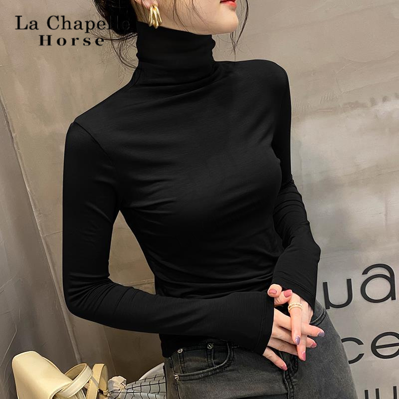 拉夏贝尔春秋冬黑色高领纯色打底衫新款洋气内搭高档时尚长袖显瘦
