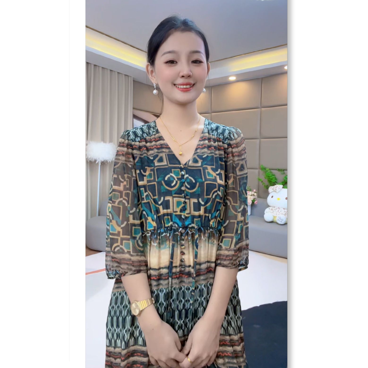 《小暖心选》“玛雅文明”法式洋气收腰显瘦印花真丝连衣裙80113