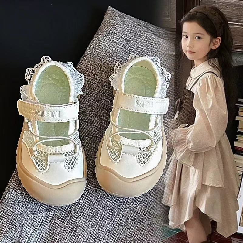 女童运动鞋魔术贴幼儿园镂空花边2025夏季新款小童室内休闲鞋9196