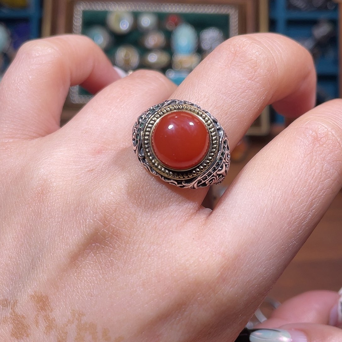南红玛瑙银S925镶嵌戒指戒指