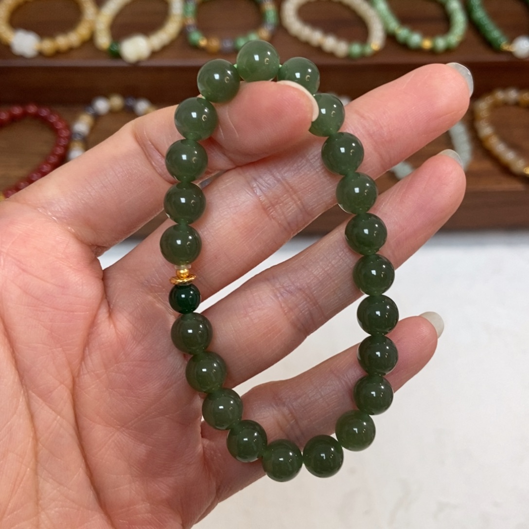 和田玉银S925镶嵌手链福利8mm深湖水绿