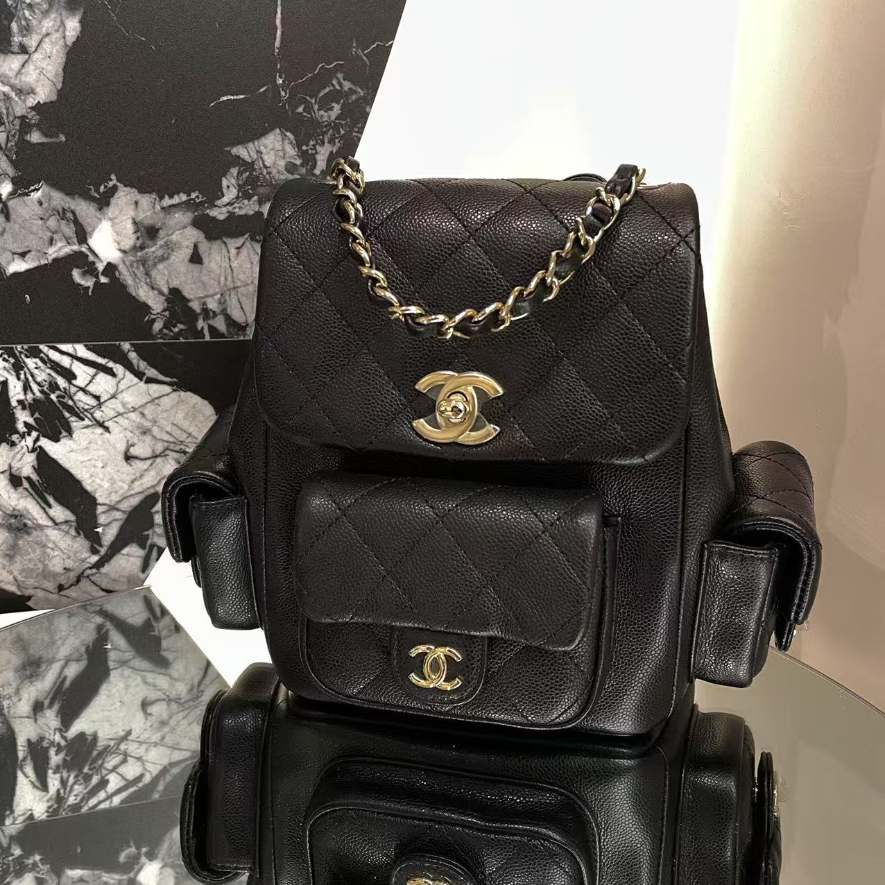99新 Chanel/香奈儿 23k荔枝牛皮小号duma坦克双肩包
