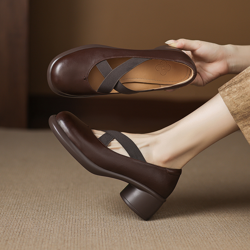 5CM英伦风厚底小皮鞋女真皮粗跟玛丽珍鞋中跟懒人单鞋